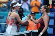 Petra Kvitova and Elena Rybakina during their post-match handshake at the Miami Open